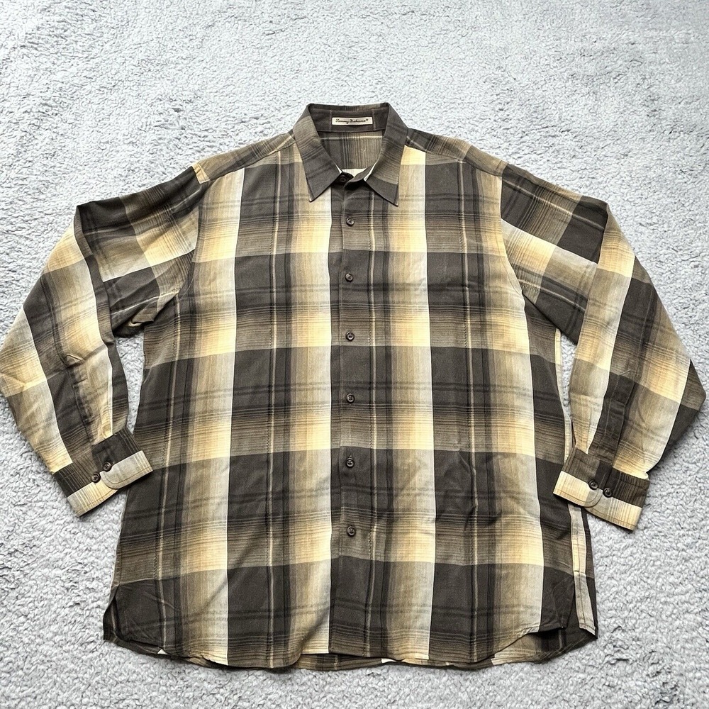 Tommy Bahama Shirt Mens Size Large‎ Brown Plaid Button Up Lyocel Long Sleeve